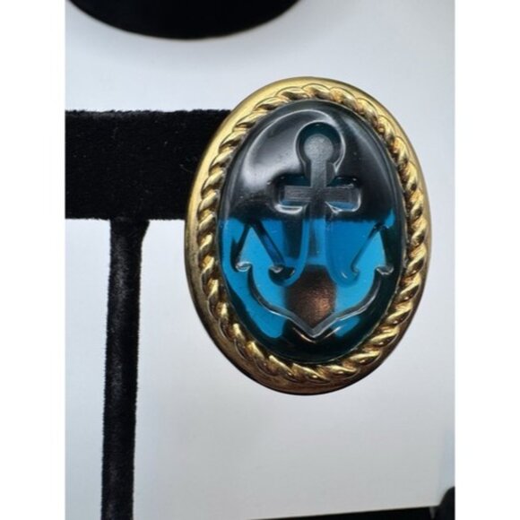 TRIFARI TM Blue Cabochon Earrings Elegant Oval Clip On Acrylic Anchor Design - Picture 9 of 16